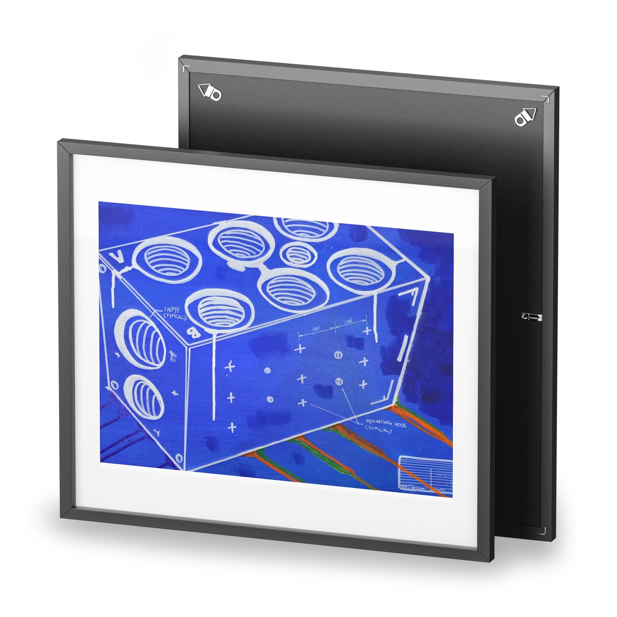 Manifold Framed Poster — Blue, White Abstract blueprint industrial