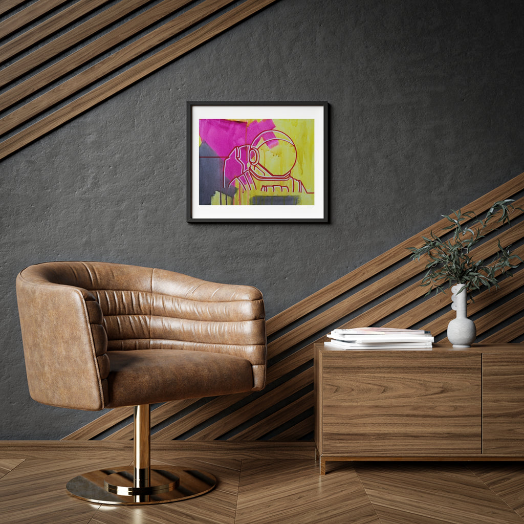 Astro Guy Framed Poster — Neon Pink & Yellow Space Art