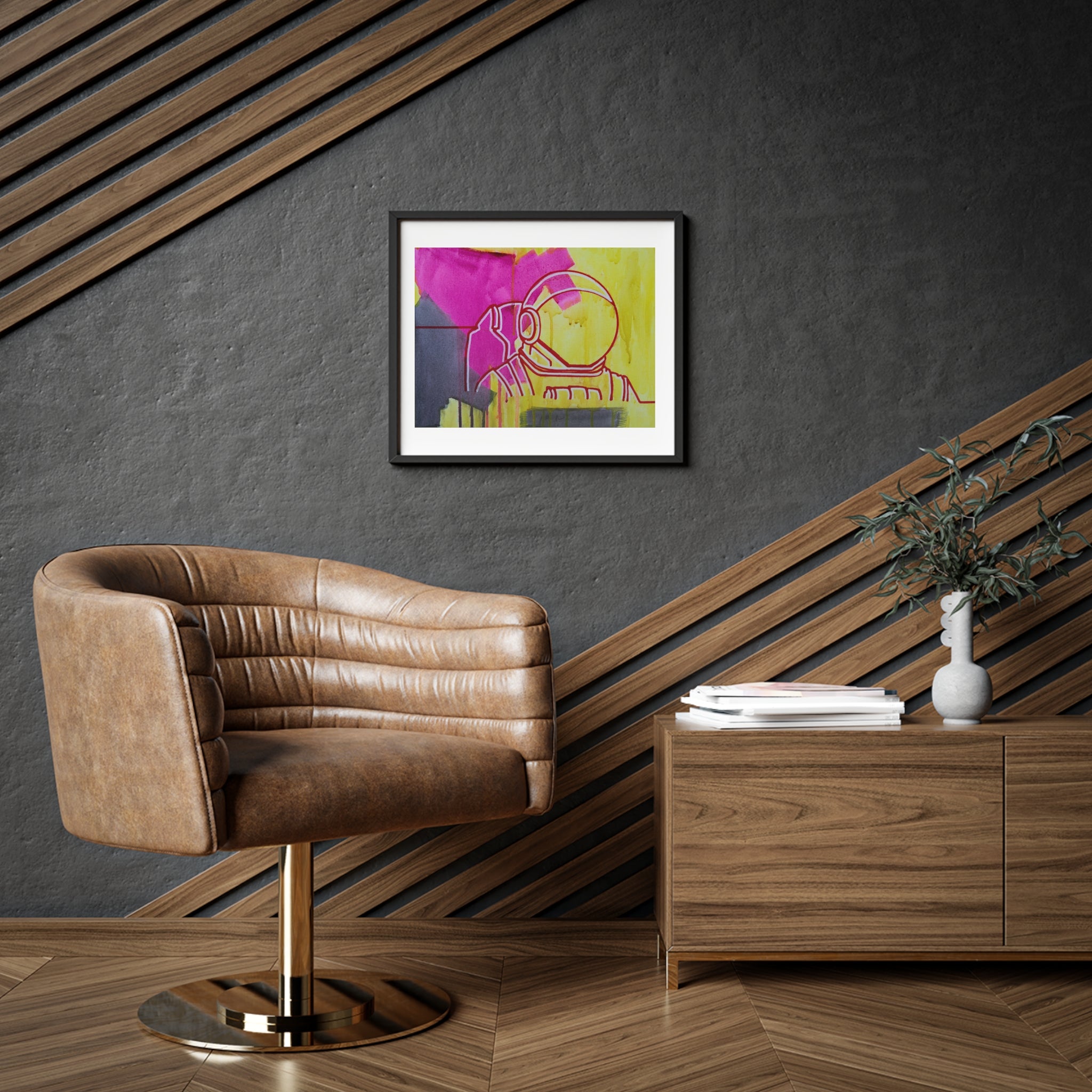 Astro Guy Framed Poster — Neon Pink & Yellow Space Art