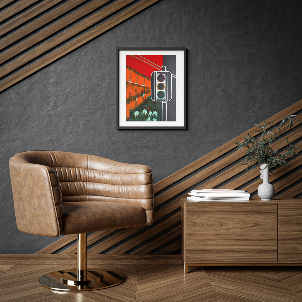 Different States Framed Poster — Abstract Urban Traffic Light Art (Red & Orange Surreal Scene)