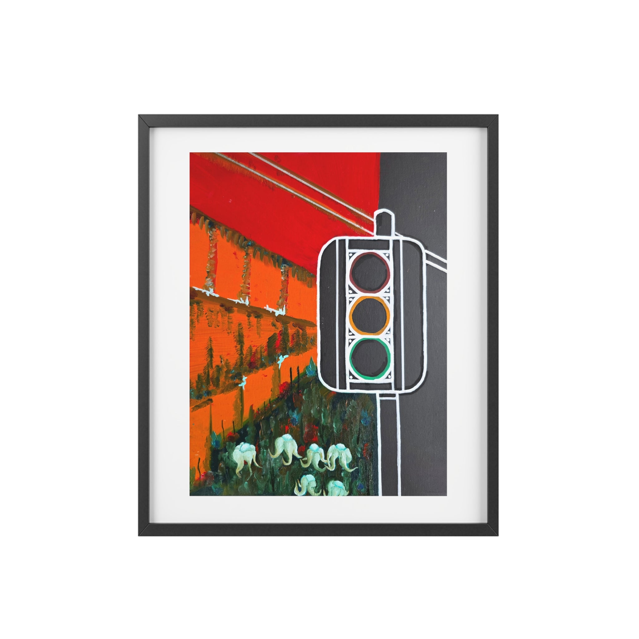 Different States Framed Poster — Abstract Urban Traffic Light Art (Red & Orange Surreal Scene)