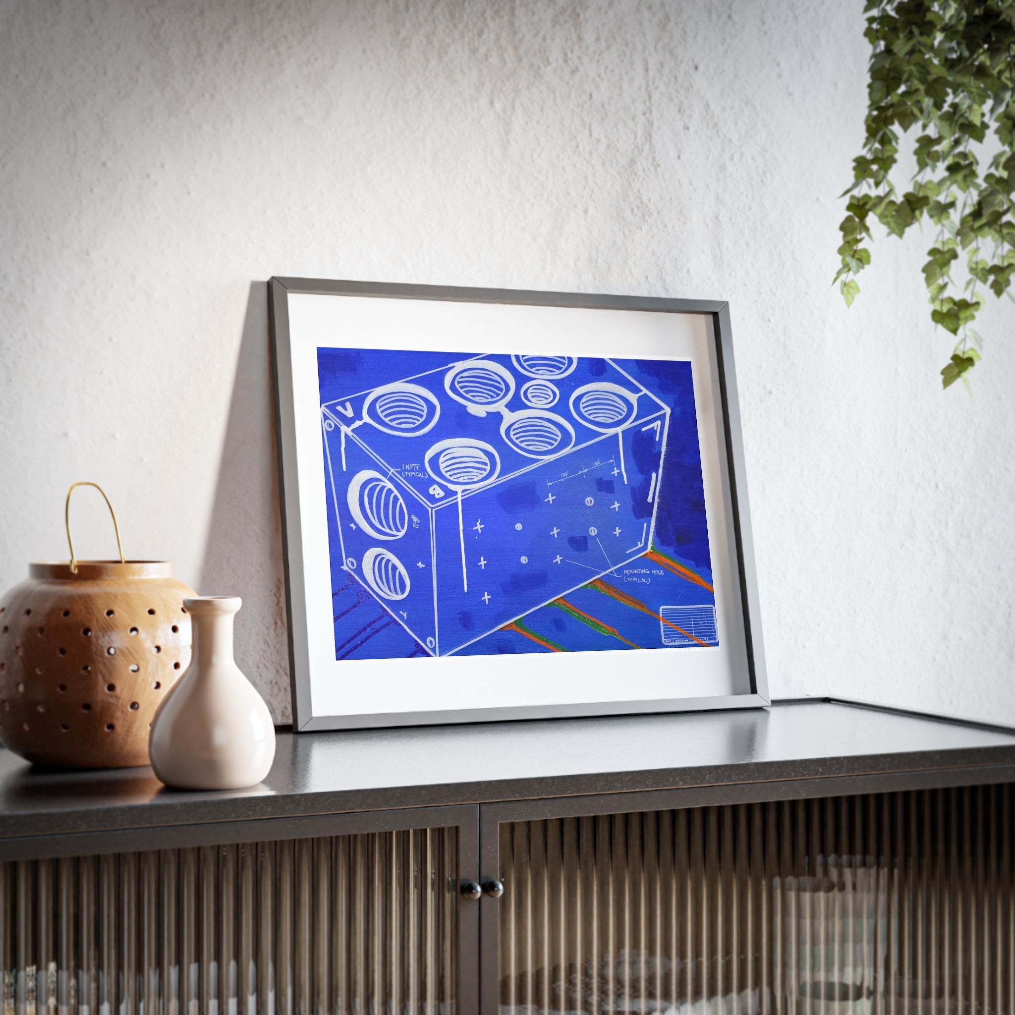 Manifold Framed Poster — Blue, White Abstract blueprint industrial