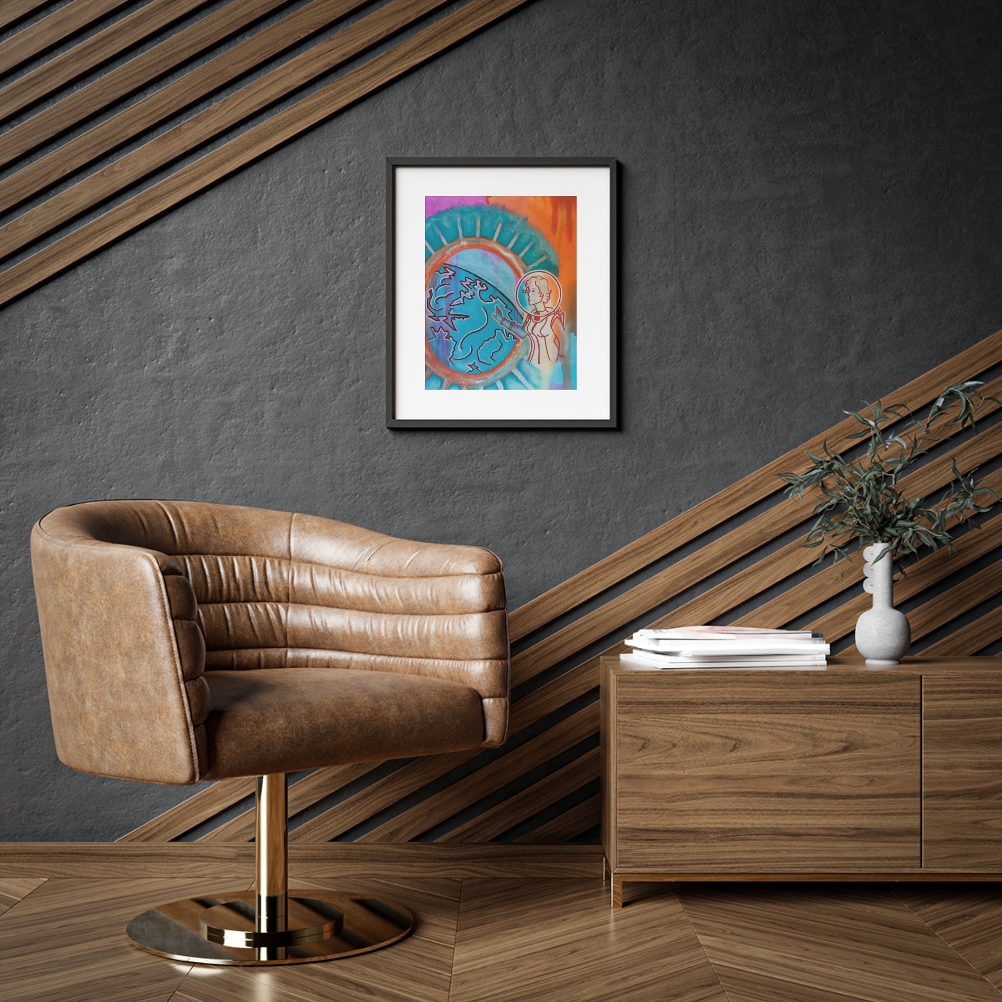 Retro Girl Framed Poster — Minimal Planet Orbit Art (Blue, Purple & Orange)
