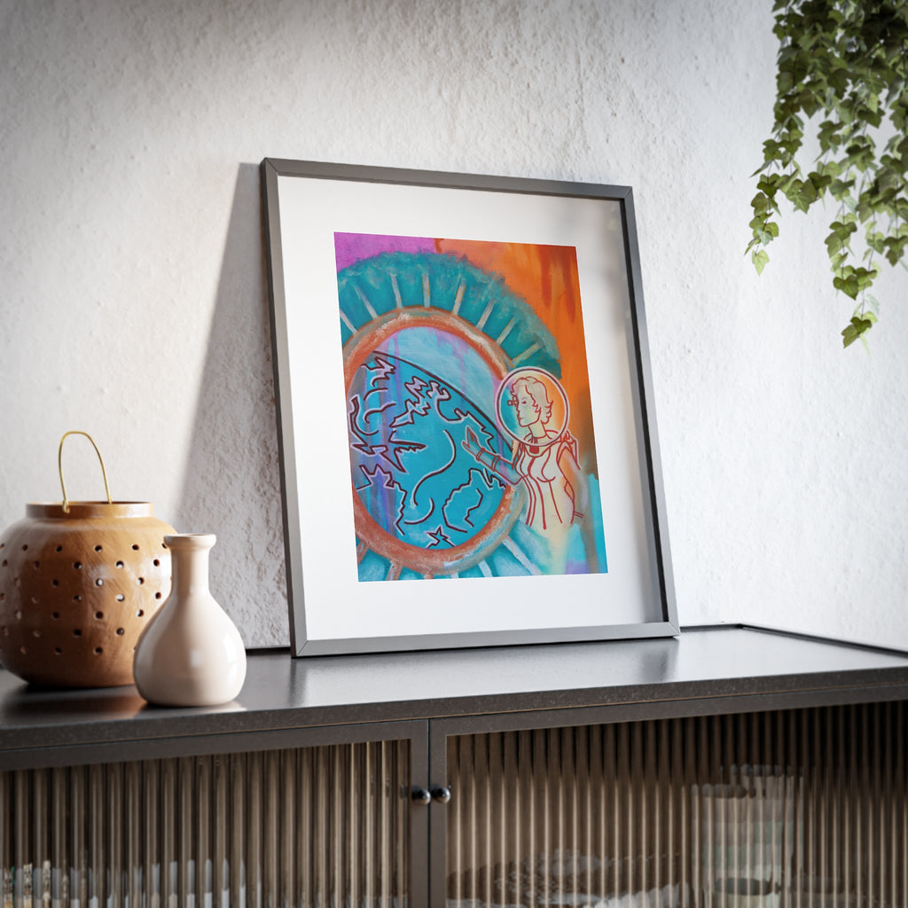 Retro Girl Framed Poster — Minimal Planet Orbit Art (Blue, Purple & Orange)