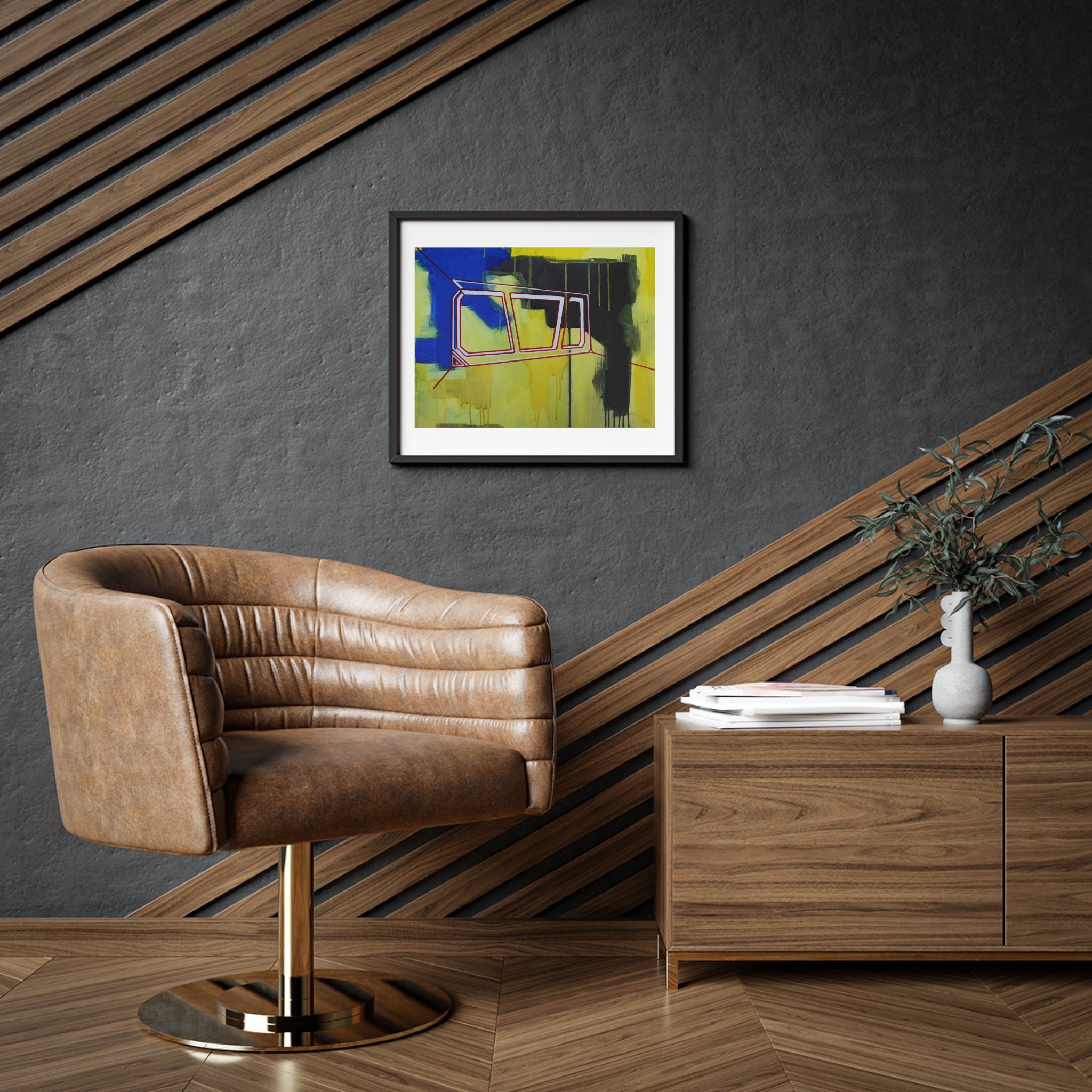 Window Walk By Framed Poster —  Yellow Blue Black Minimal Abstract Sci‑Fi Matte Print