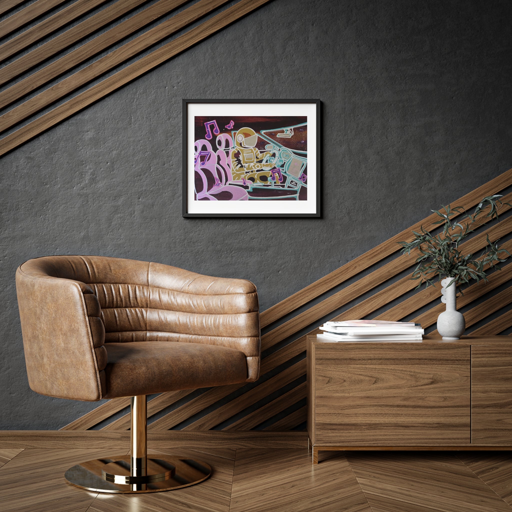Shut up and Drive Framed Poster —  Matte Space Car Print Neon Pop-Art Astronaut Driving