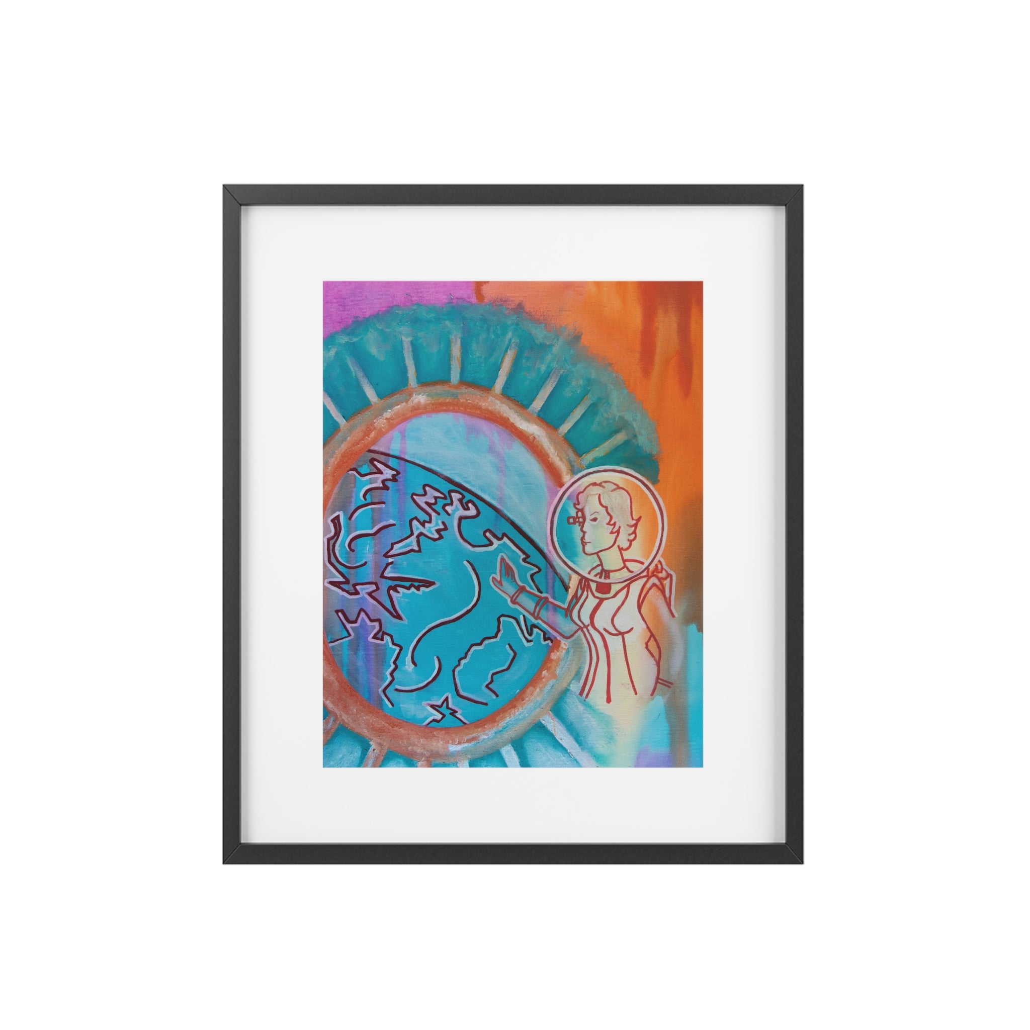Retro Girl Framed Poster — Minimal Planet Orbit Art (Blue, Purple & Orange)