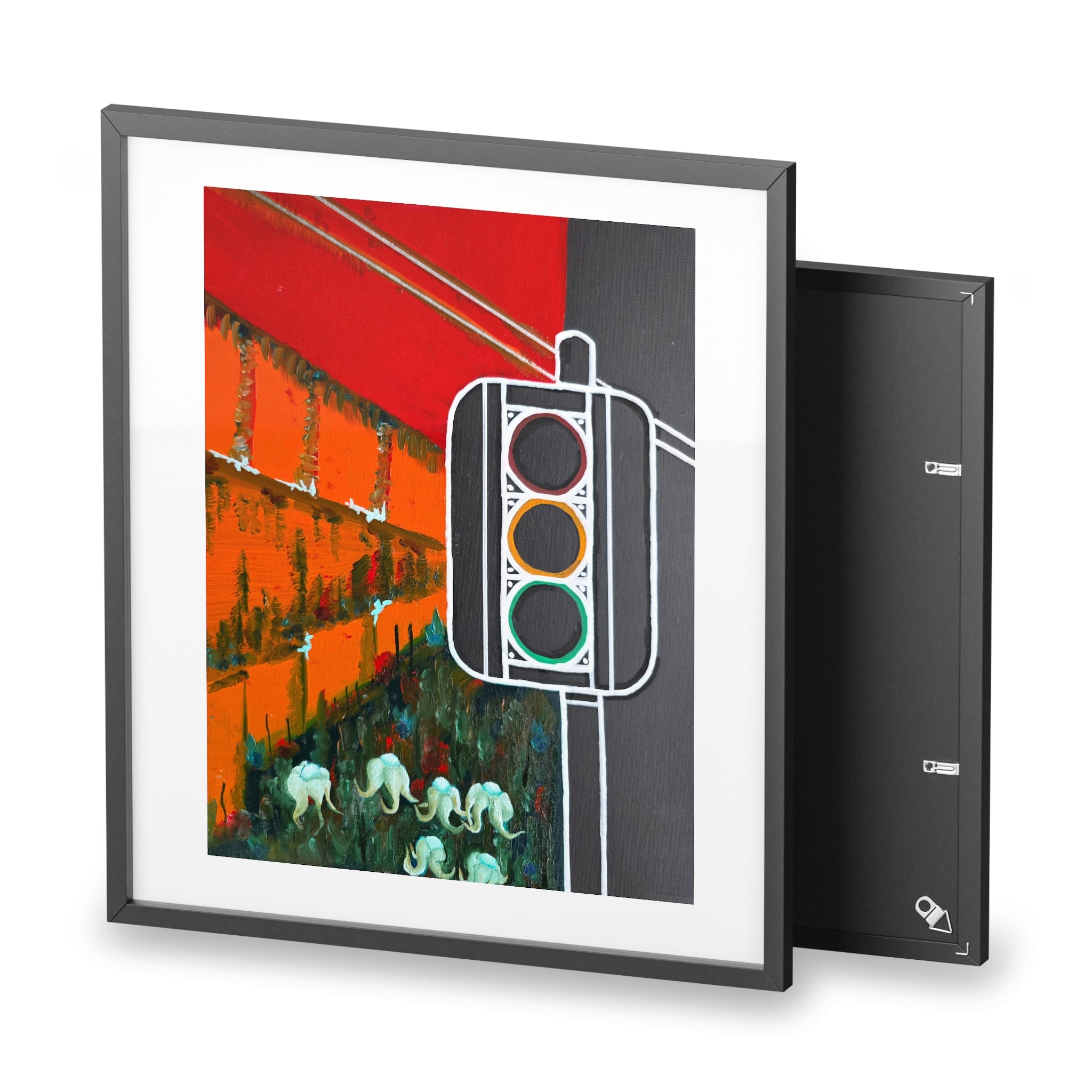 Different States Framed Poster — Abstract Urban Traffic Light Art (Red & Orange Surreal Scene)