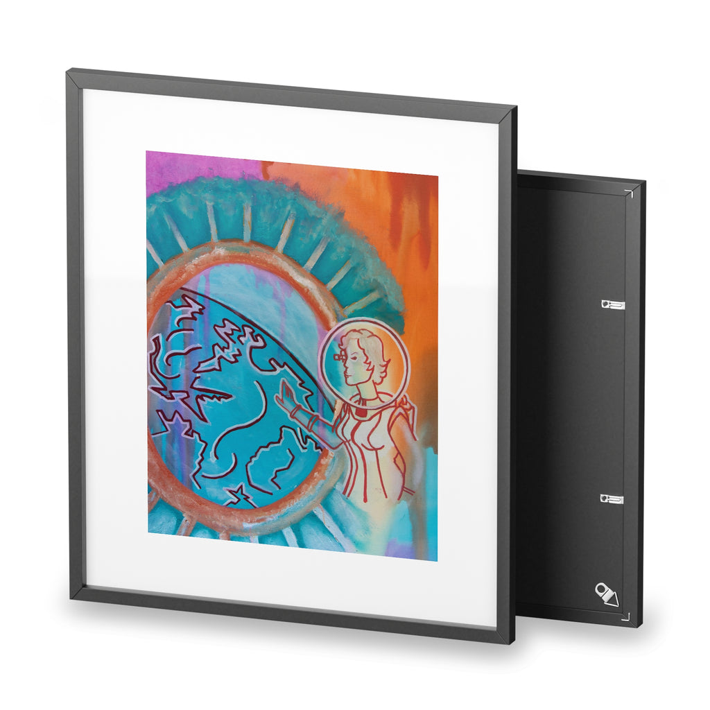 Retro Girl Framed Poster — Minimal Planet Orbit Art (Blue, Purple & Orange)