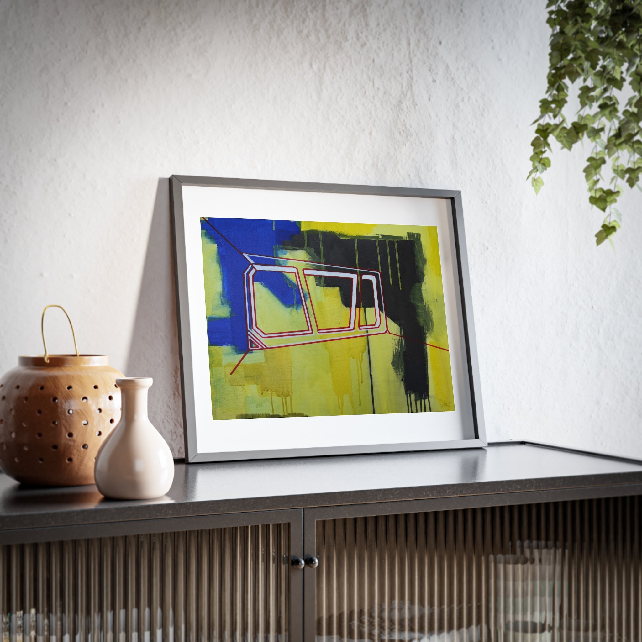 Window Walk By Framed Poster —  Yellow Blue Black Minimal Abstract Sci‑Fi Matte Print