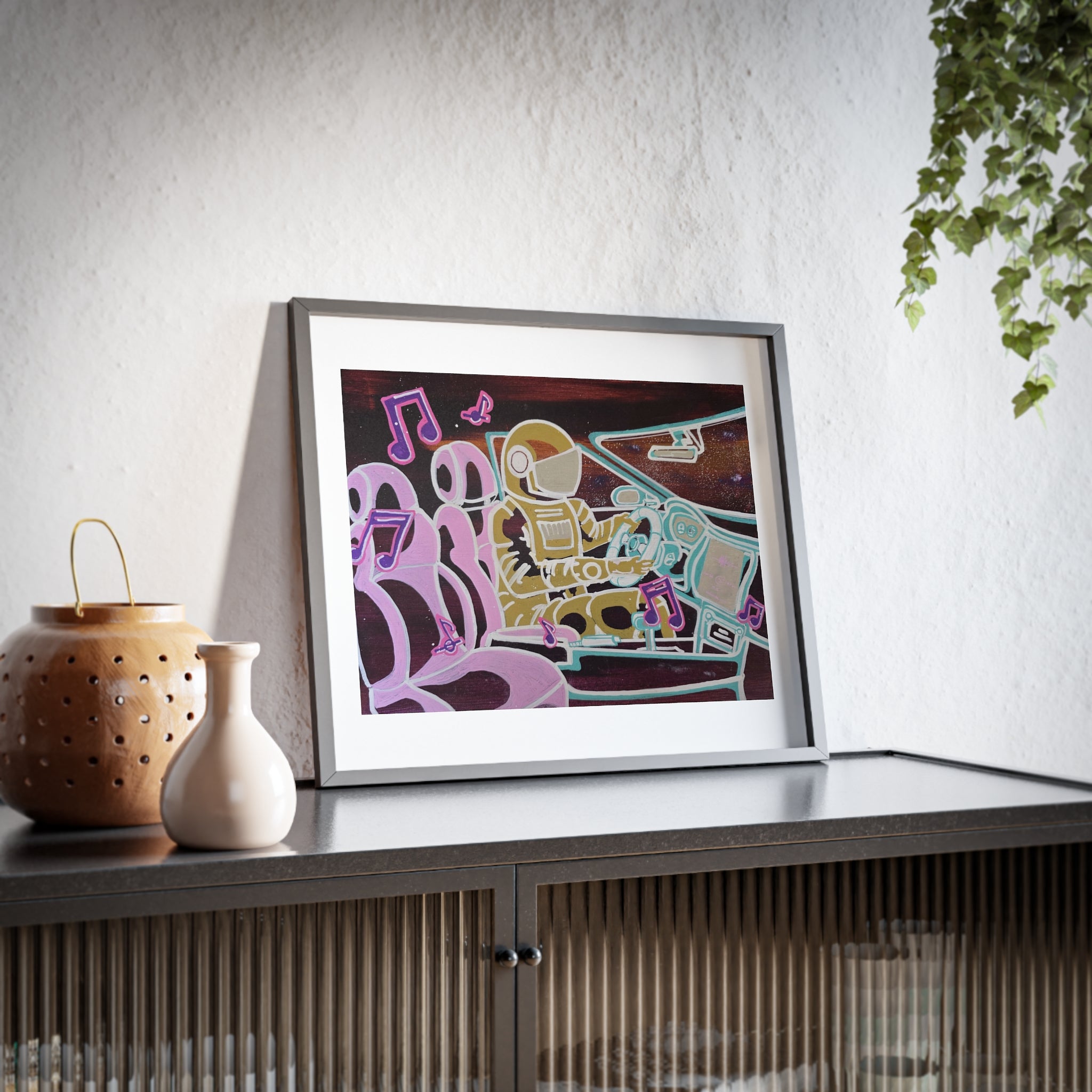 Shut up and Drive Framed Poster —  Matte Space Car Print Neon Pop-Art Astronaut Driving