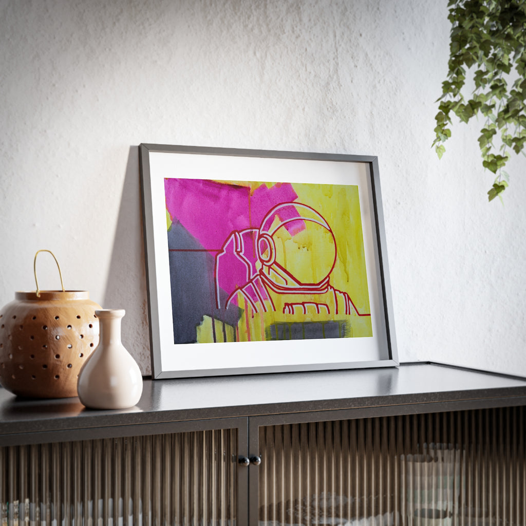 Astro Guy Framed Poster — Neon Pink & Yellow Space Art